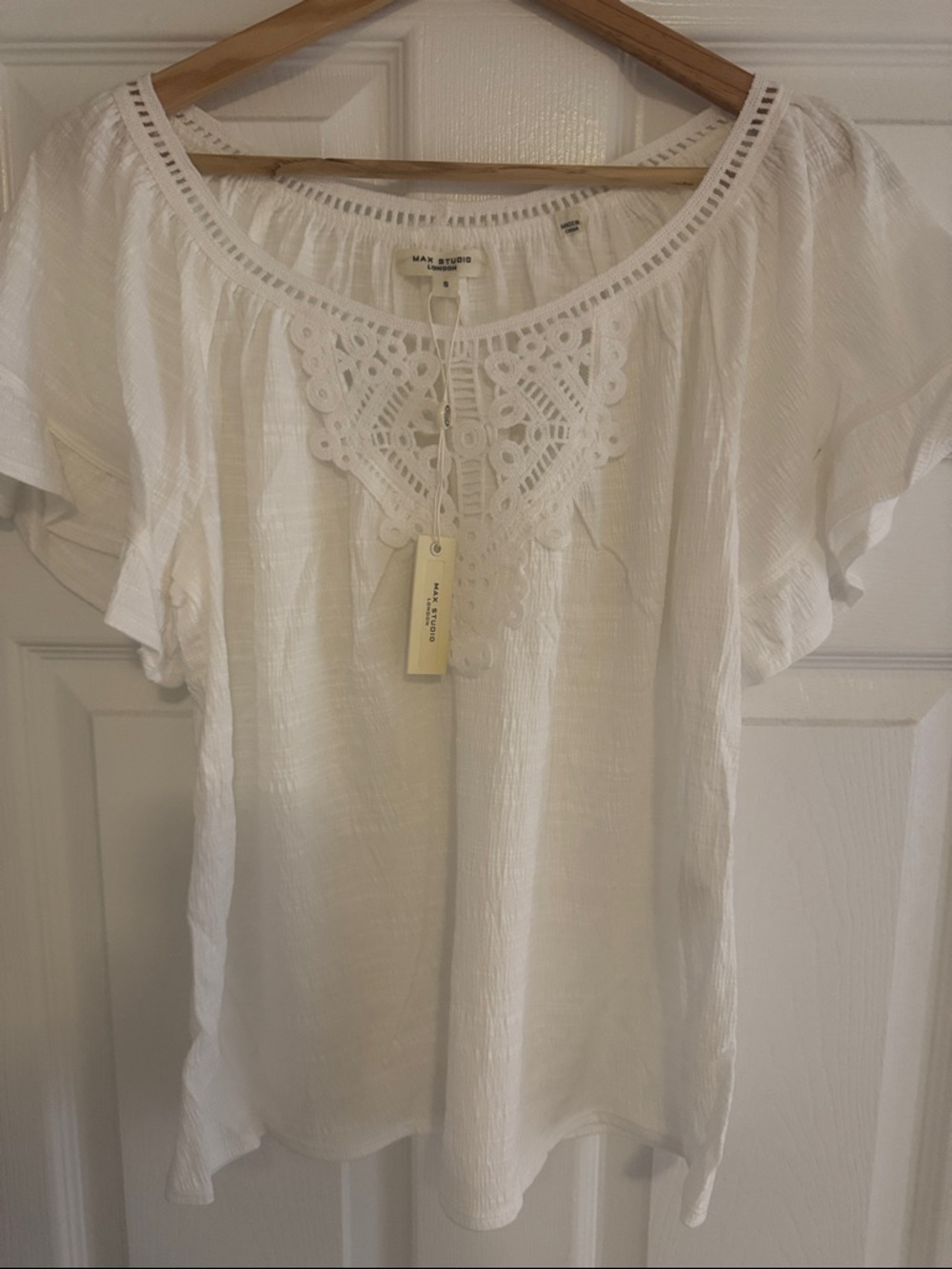 Max Studio White Crochet Yoke Peasant Blouse